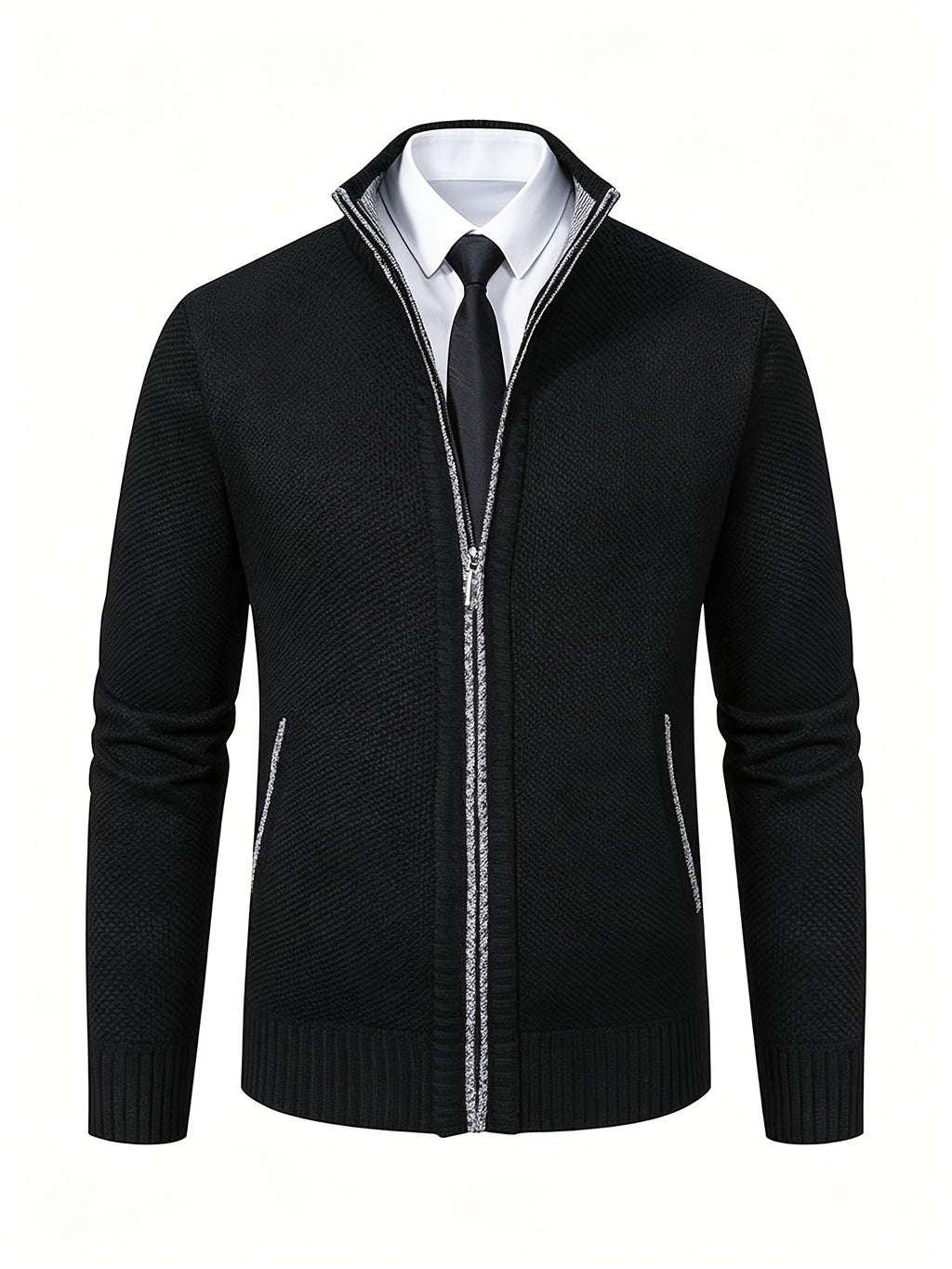 Men's Stand Collar Zip Up Knitted Cardigan Jacket, Casual Business Long Sleeve Sweater Coat with Pockets, Fall Winter Thick Warm Knit Outerwear for Men - Black