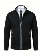 Men's Stand Collar Zip Up Knitted Cardigan Jacket, Casual Business Long Sleeve Sweater Coat with Pockets, Fall Winter Thick Warm Knit Outerwear for Men - Black