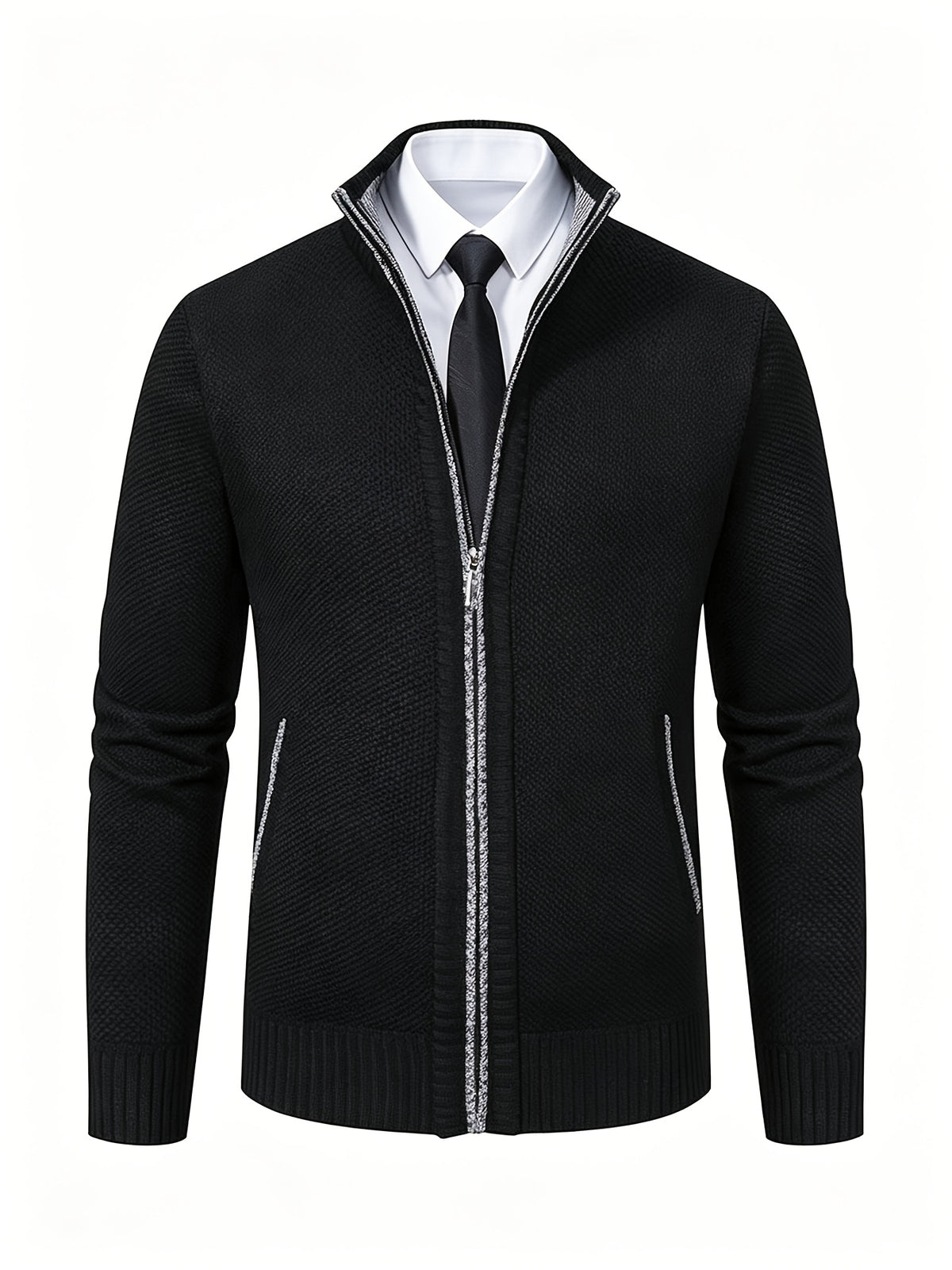 Men's Stand Collar Zip Up Knitted Cardigan Jacket, Casual Business Long Sleeve Sweater Coat with Pockets, Fall Winter Thick Warm Knit Outerwear for Men - Black