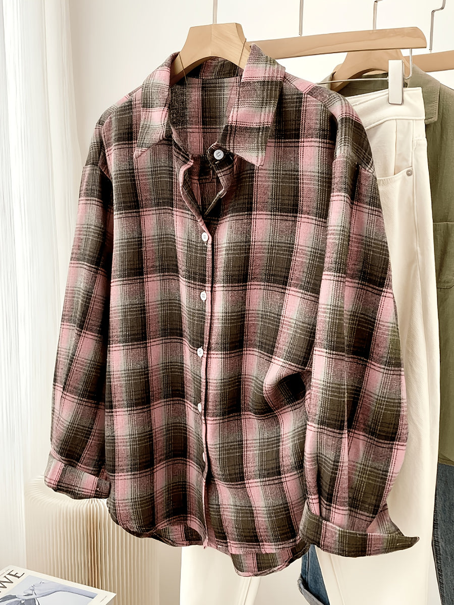 Women'S Shirt Multicolor Brushed Checkered Shirt Loose Top - Peach