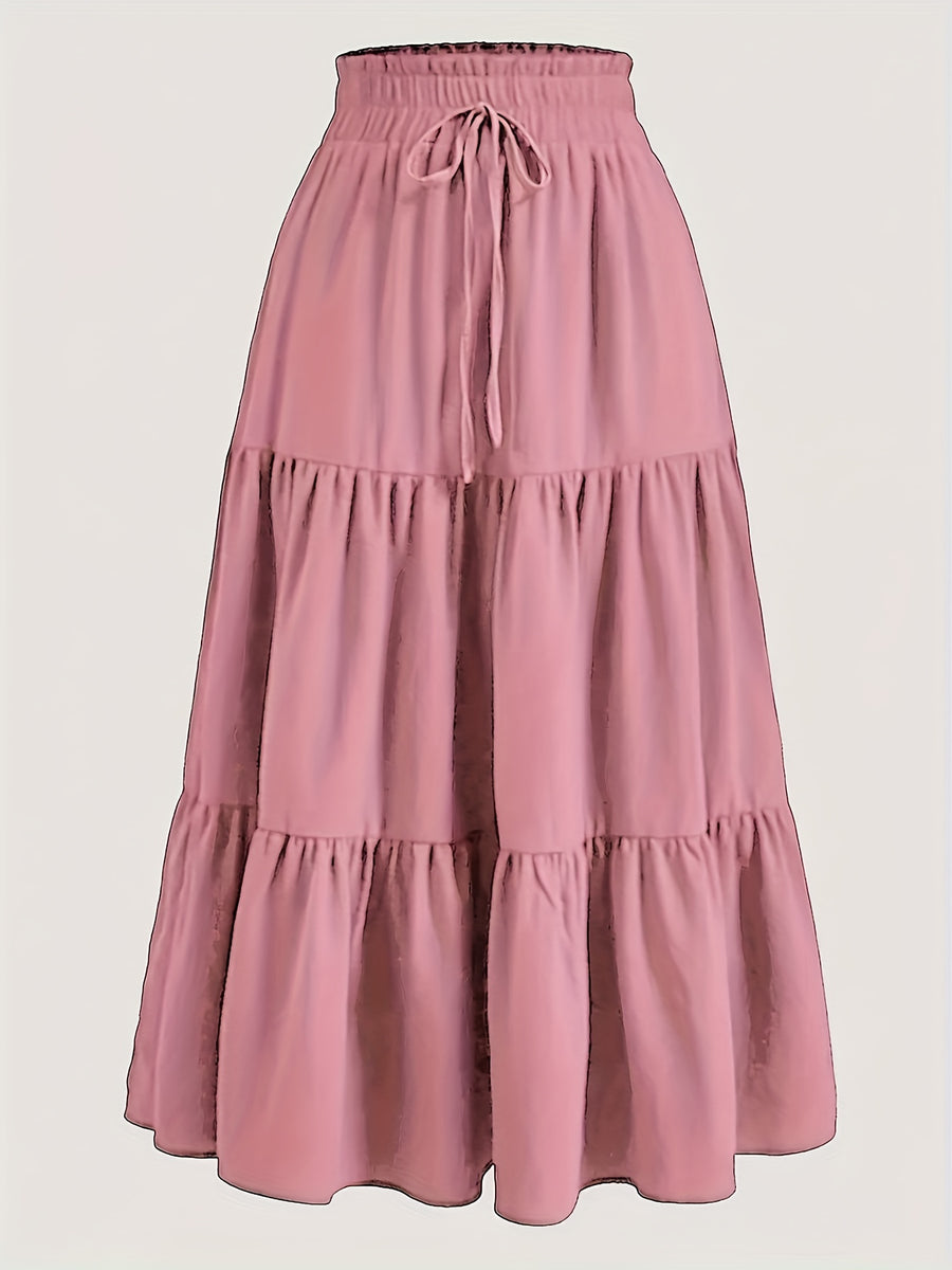 Women's Olive Green Pleated Midi Skirt - Lightweight Adjustable Drawstring Waist, Hand Washable Spring/Summer Elegant Solid Color Skirt for Casual & Formal Outfits, Casual Attire, Nontransparent Fabric, Spring Fashion, Classic Style, Breathable Material - Pink