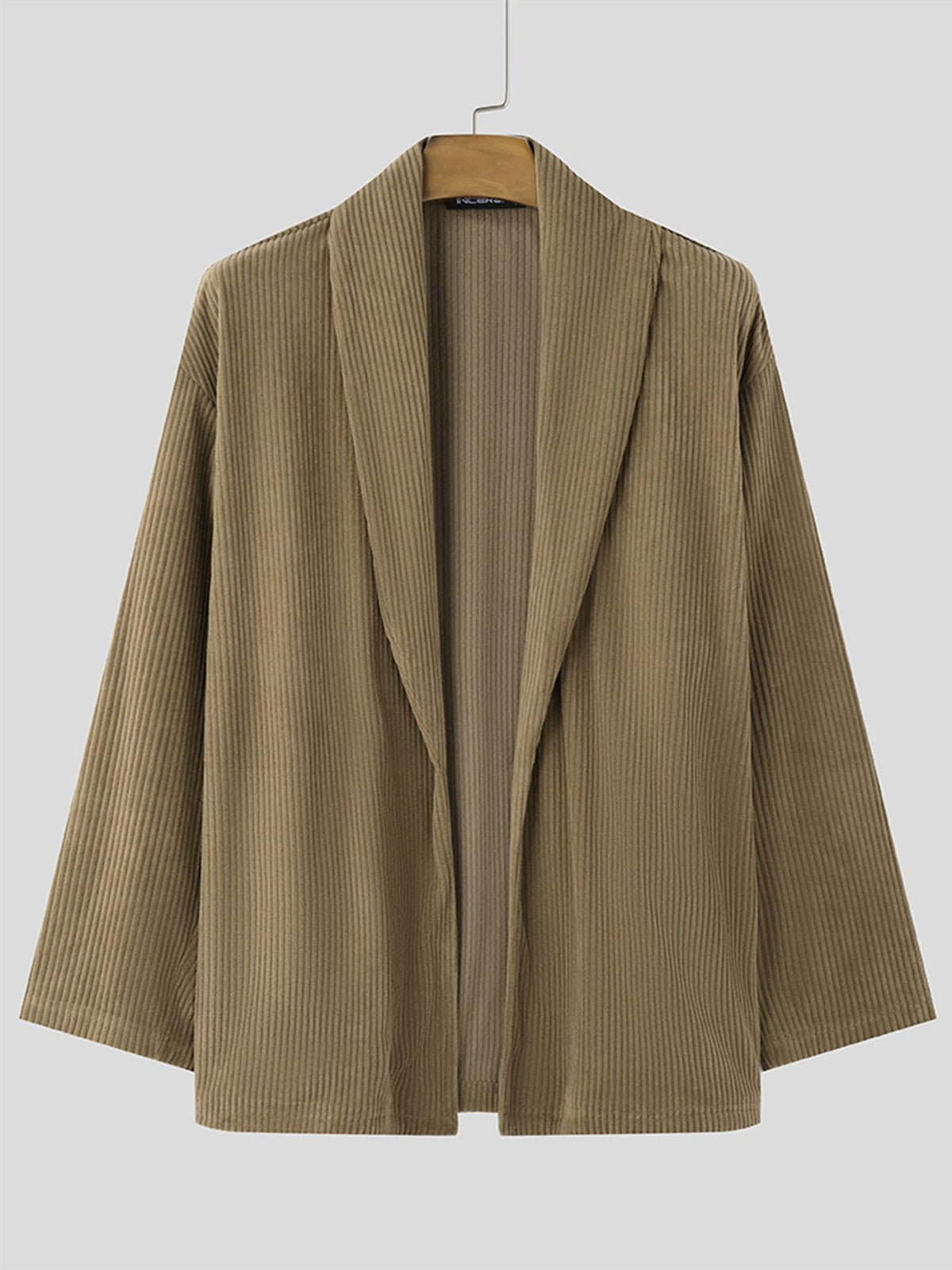 INCERUN Men Corduroy Coat Shawl Collar Long Sleeve Solid Simple Outdoors Coat Kimono Cardigan - Khaki