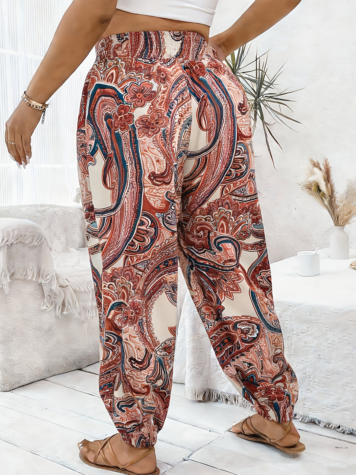 Vacation Full Body Printed High-Waist Elastic Waist Fashion Long Pants - Multicolor 2
