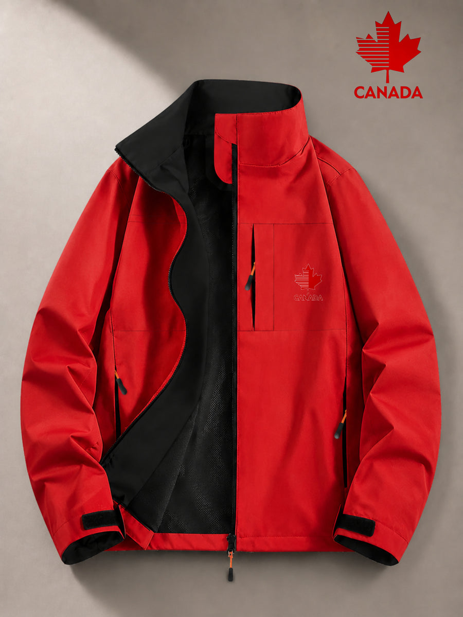 Outdoor Windproof Jacket with Maple Leaf Print, Softshell Fabric, Men'S Casual Hiking Coat, One-Piece Design - Red