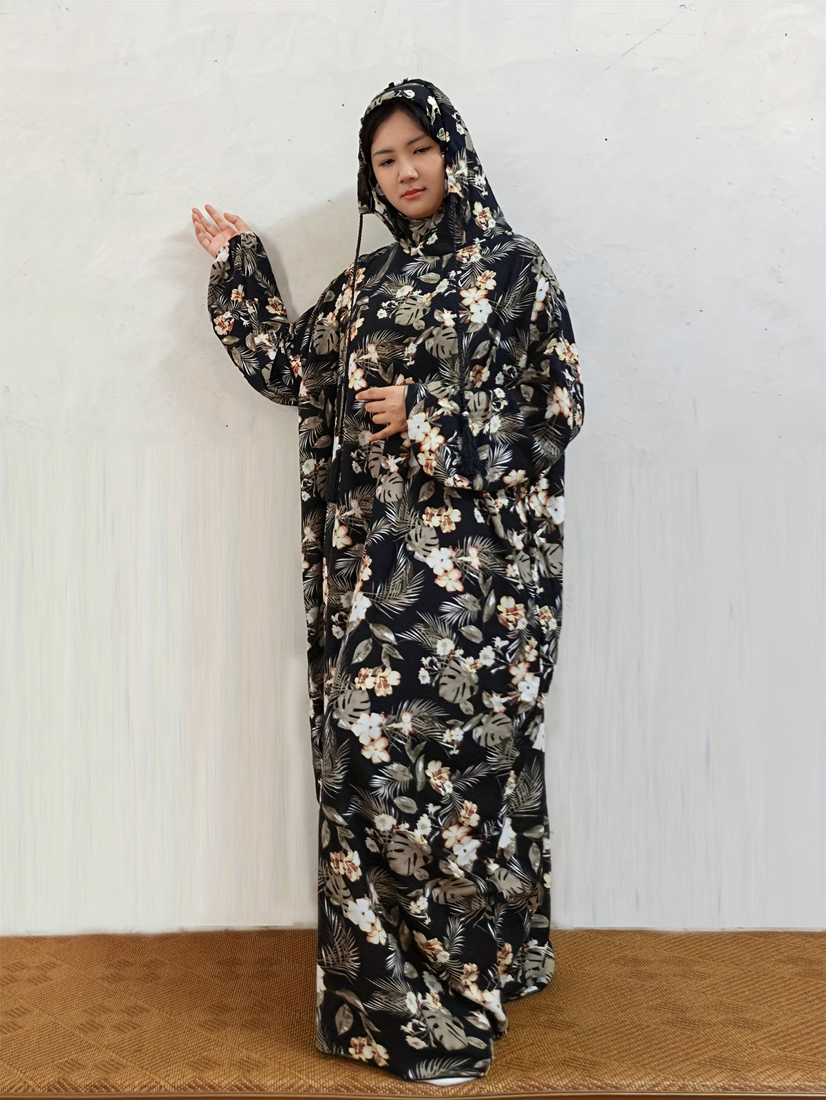 Elegant Floral Print Hooded Abaya with Drawstring - Long Sleeve, Loose Fit, Rayon, Perfect for Eid al-Adha and Prayer, Elegant Attire|Floral Print Abaya|Loose Fit Abaya - Multicolor