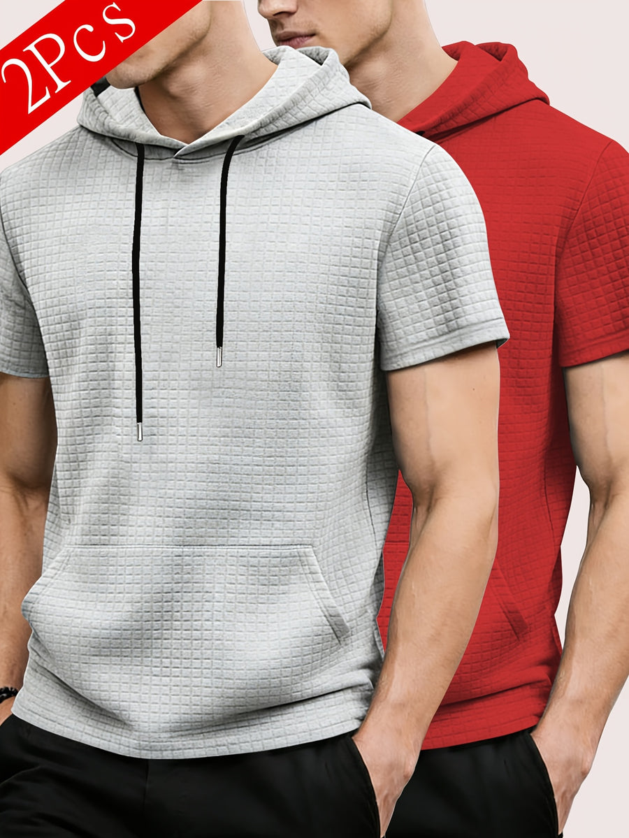 2pcs Men's Waffle Knit Short-Sleeve Hoodie with Kangaroo Pocket, Soft and Breathable Fabric, Multiple Color Options, Versatile, Simple, Stylish, and Casual for Daily Wear or Sports, a Great Choice for Holiday Gifts for Fathers, Partners, and Friends - Grey+Red