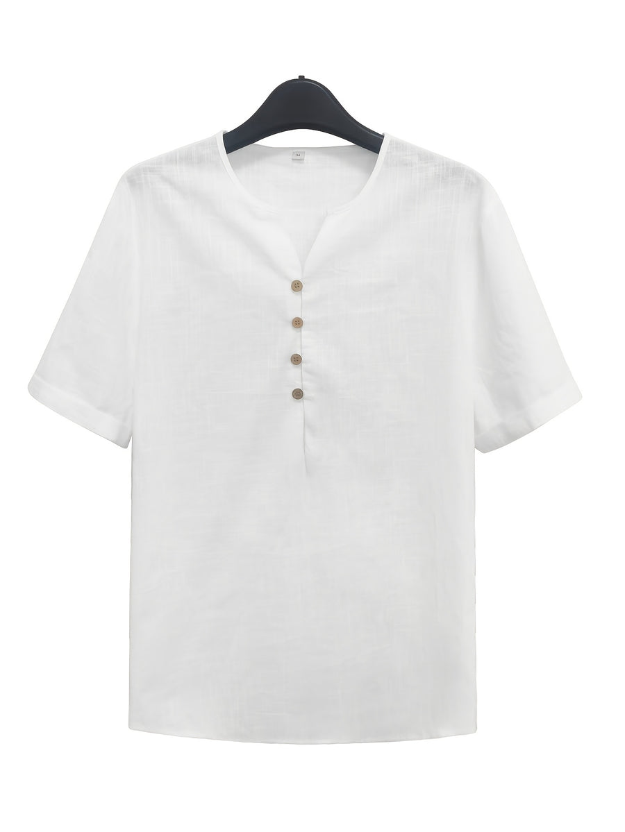Men'S Lightweight White Short Sleeve V-Neck Button-Up Shirt - Retro Classic Fitted Style Summer Casual Top, Solid Color Breathable Fabric for Warm Weather - White
