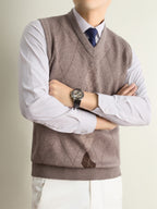 Men's Solid Color V-Neck Knit Sweater Vest - Basic Winter Warm Pullover, Casual Regular Fit Sweater Suitable for Fall/Winter Layering, Hand Washable for, Office & Outdoor Wear - Camel