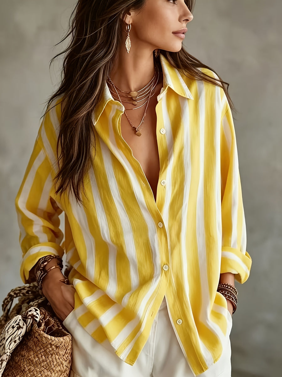 Vintage Vertical Striped Shirt, Women'S Loose Lapel Casual Versatile Open Front Top - Yellow