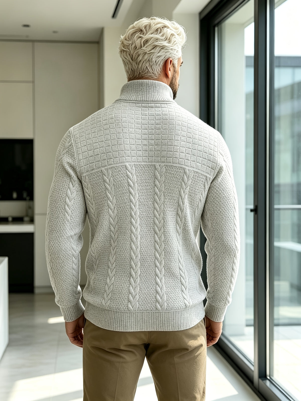Joshmei OBM Halloween Men's Old Money Style Stand Collar Henley Shirt, Twisted Cable Knit Patchwork Checkered Long Sleeve Top, Comfortable and Warm Pullover, Suitable for Beach Vacations and Daily Wear, Men's Birthday Gift - Light Grey