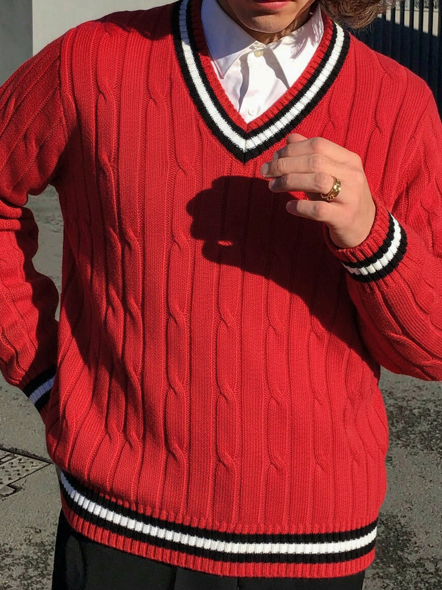 Autumn/Winter Men's New Casual Loose-Fit Simple Two-Tone Twisted Rope Pattern College Style Vintage American Streetwear V-Neck Fabric Long-Sleeve Pullover Top - Red