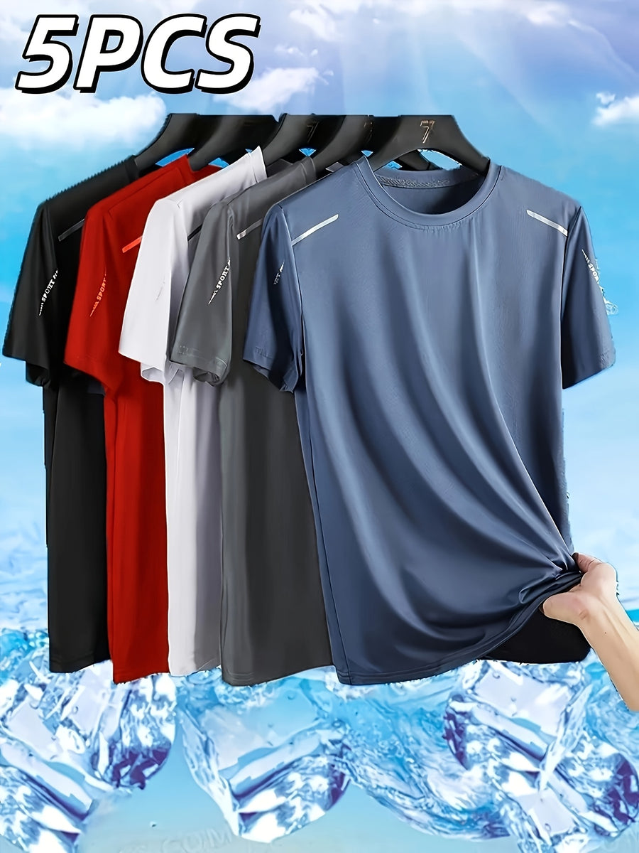 5pcs Men's Quick-Dry Sports T-Shirts - Breathable Moisture-Wicking Crew Neck Short Sleeves, Multiple Colors, Suitable for Gym and Summer Activities, Fitness Apparel - Mixed Color 2