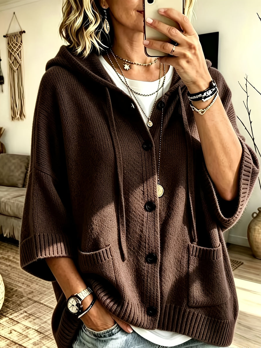 Elegant Casual Pocket Cardigan for Women - Coffee Color