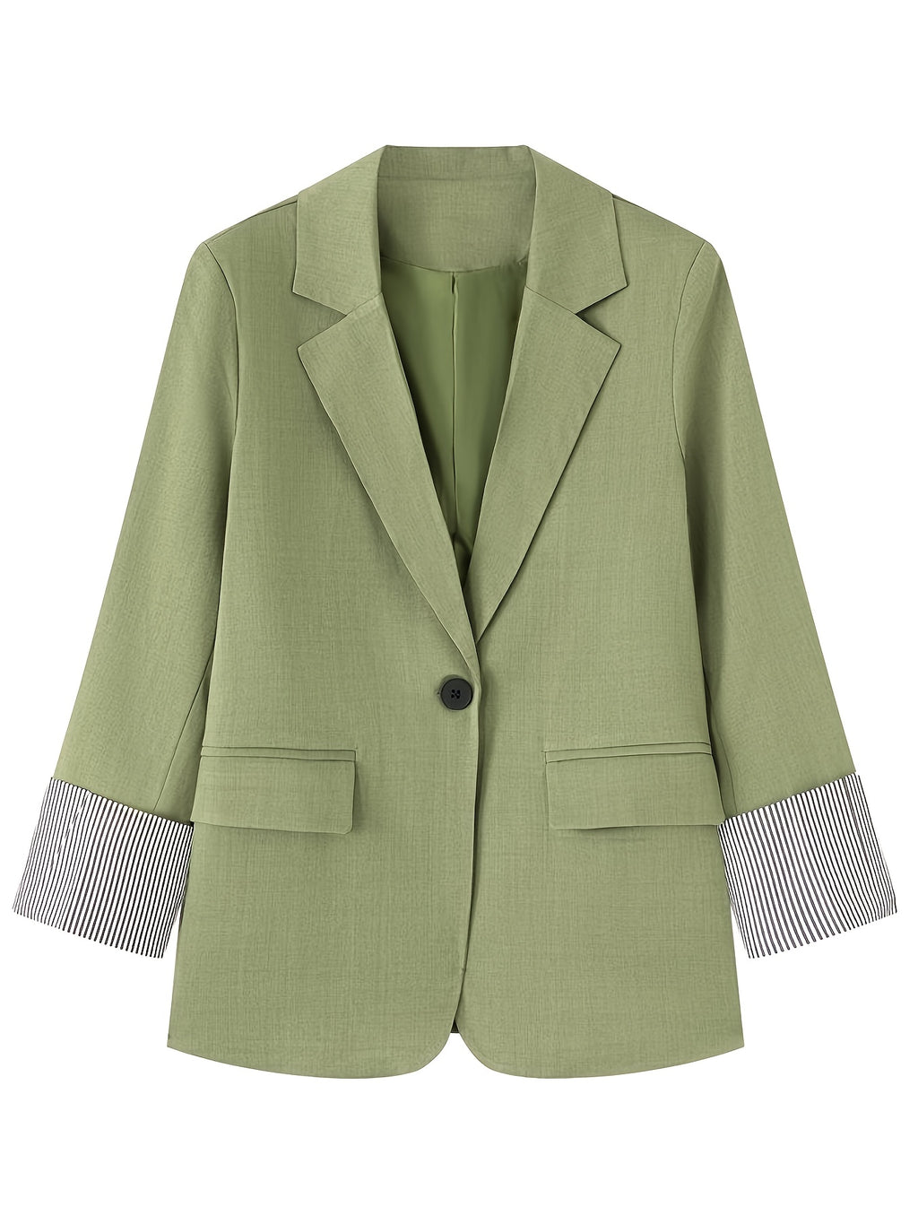 Women Solid Green Blazer Lapel Single Button Striped Cuff Long Sleeve Casual Office Suit Jacket - Tactical Green