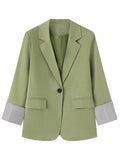Women Solid Green Blazer Lapel Single Button Striped Cuff Long Sleeve Casual Office Suit Jacket - Tactical Green