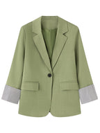 Women Solid Green Blazer Lapel Single Button Striped Cuff Long Sleeve Casual Office Suit Jacket - Tactical Green