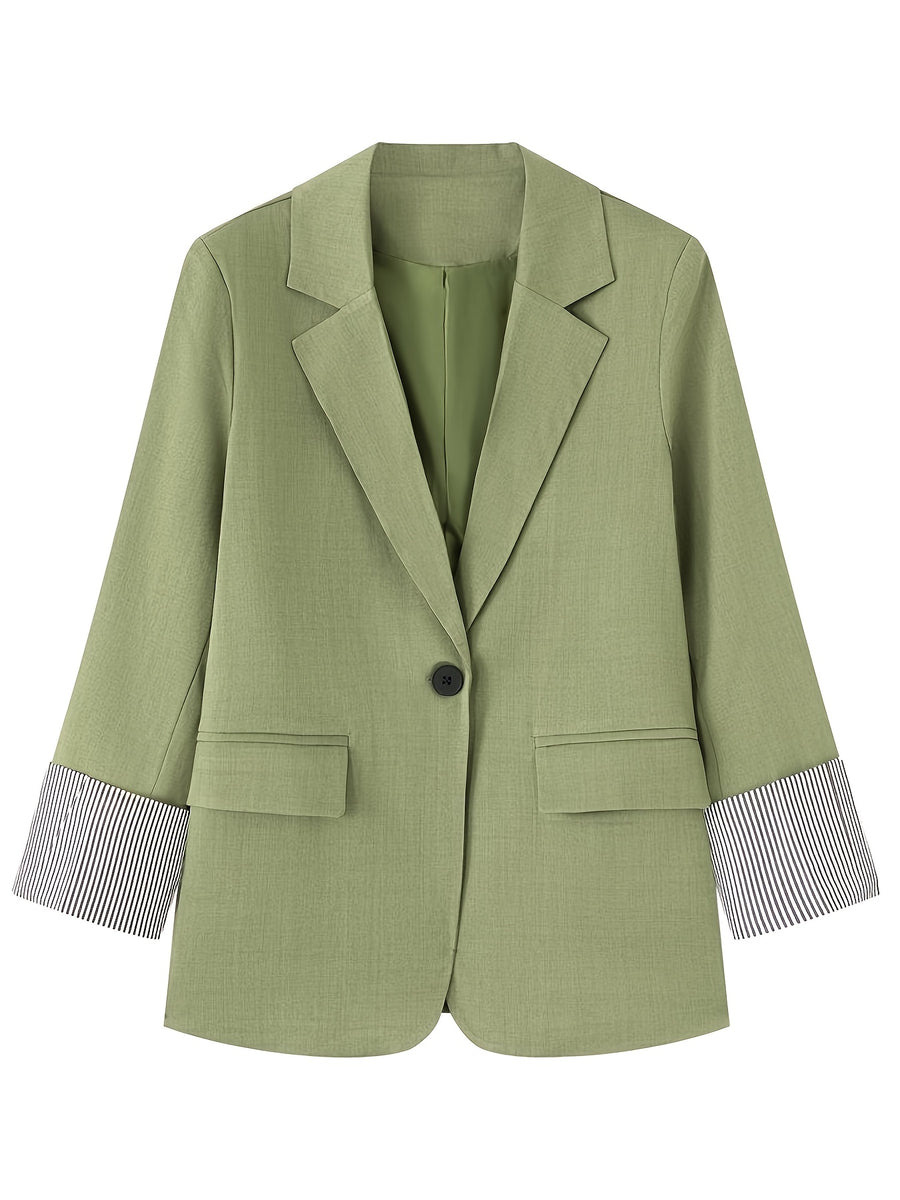 Women Solid Green Blazer Lapel Single Button Striped Cuff Long Sleeve Casual Office Suit Jacket - Tactical Green