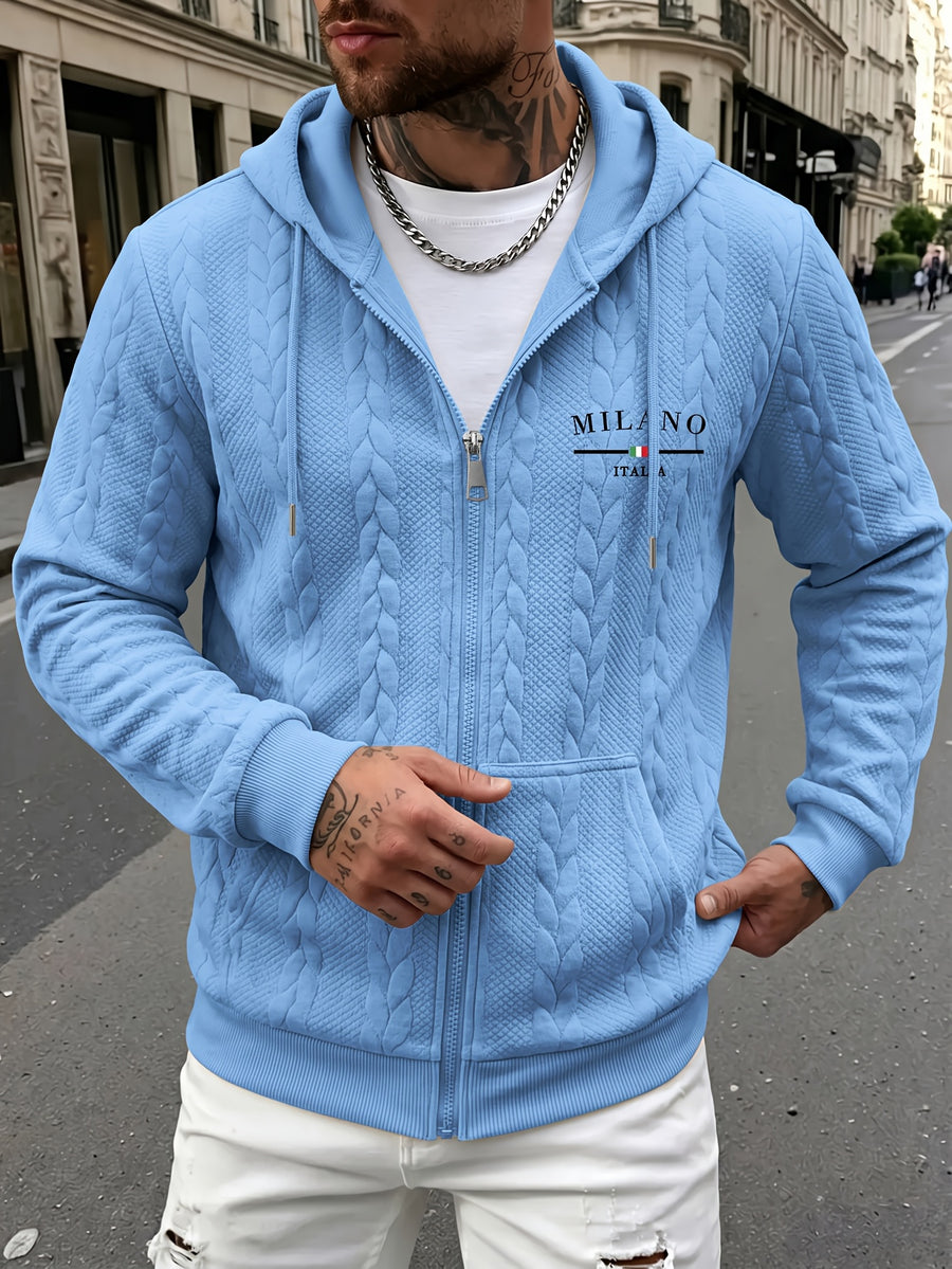 Autumn Winter Men'S Thick Jacquard Long Sleeve Cardigan Hoodie, Comfortable Warm Fabric with Trendy Print, Suitable for Daily Outings, Outdoor Sports, Travel, And Vacation, Lightweight Comfortable Regular Fit, Ideal for Beach, Hiking, Evening Wear - Sky Blue