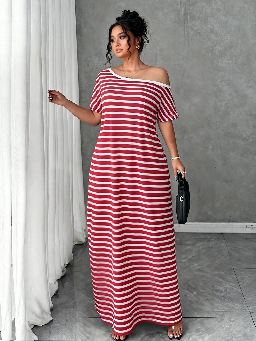 Women'S Plus Size Nightgown, One-Shoulder Striped Print, Wearable for Beach Vacation, Summer Dress - Red