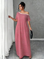 Women'S Plus Size Nightgown, One-Shoulder Striped Print, Wearable for Beach Vacation, Summer Dress - Red