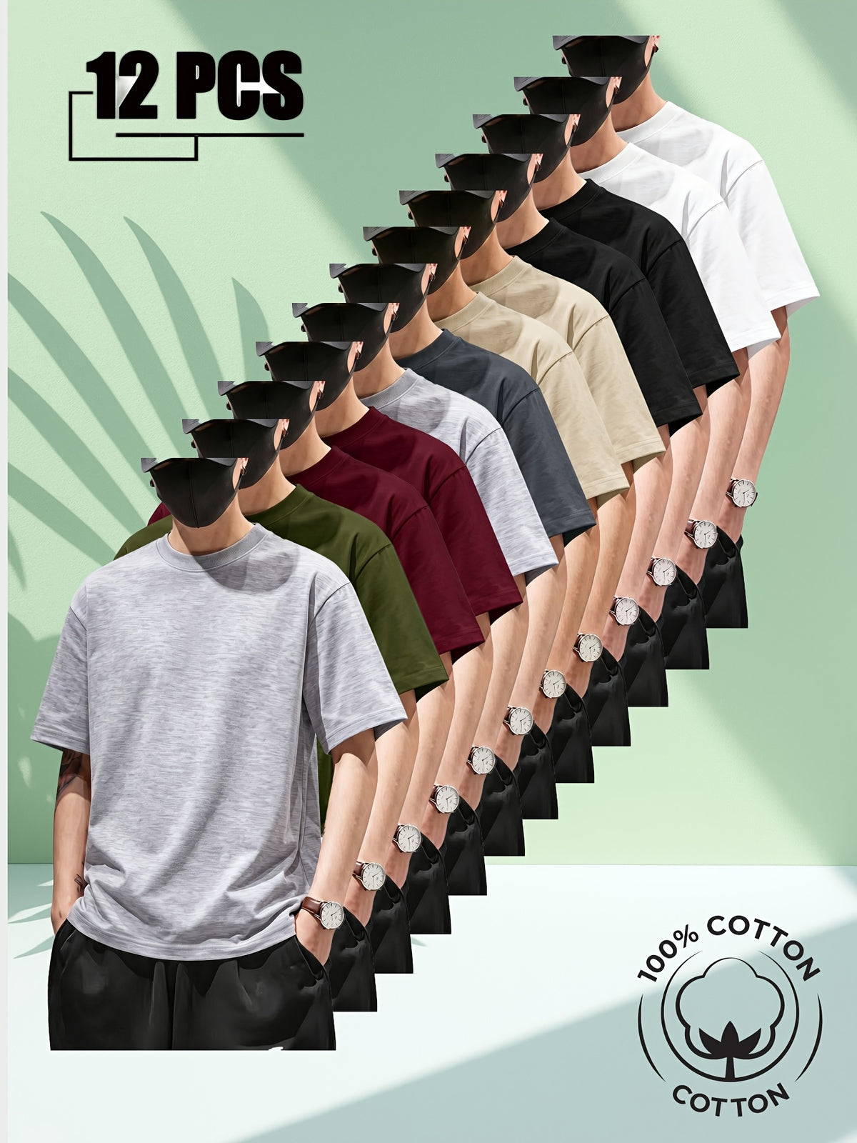 12pcs Men's Premium Pure Cotton Short-Sleeve T-Shirts in Light Gray, Army Green, Burgundy, Burgundy, Light Gray, Dark Gray, Khaki, Khaki, Black, Black, White, White. Men's Fashion T-Shirts, Men's Short-Sleeve Shirts, Soft and Comfortable. - Light Gray, Army Green, Burgundy, Burgundy, Light Gray, Dark Gray, Khaki, Khaki, Black, Black, White, White