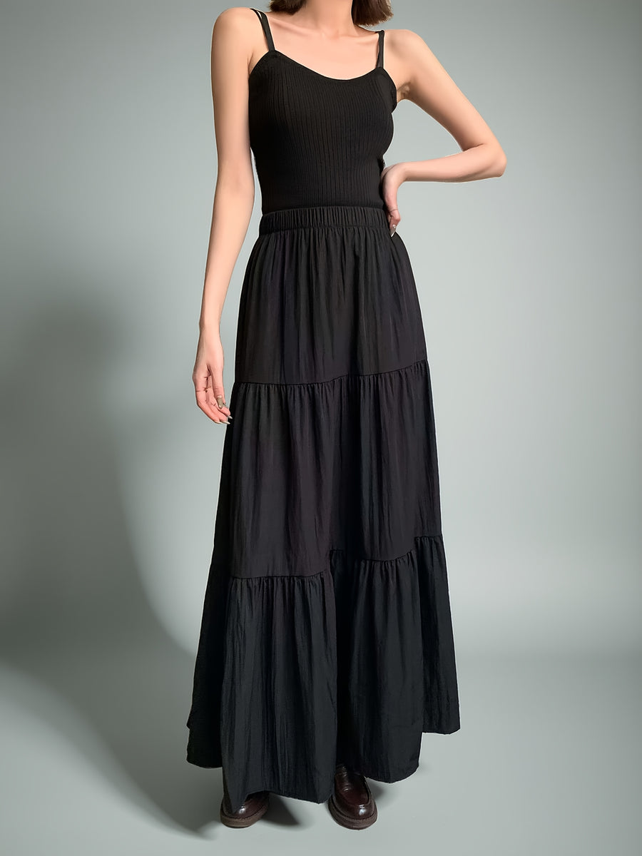 High-Waisted Skirt Elegant Casual A-Line Layered Skirt Spring And Summer Women'S Clothing Sweet Pink Long Pleated Cake Skirt - Black