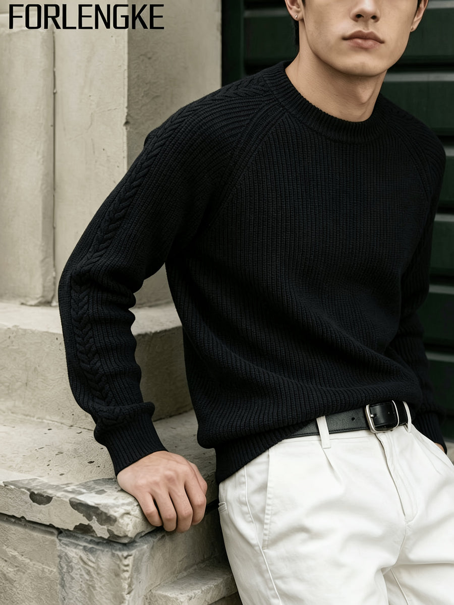 FORLENGKE Men's Business Casual Crew Neck Ribbed Knit Sweater, Soft Warm Long Sleeve Pullover for Fall Winter Office Daily Wear - Black