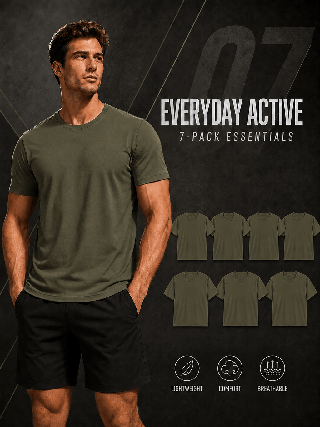 7pcs Men's Short-sleeved T-shirts, Basic Solid-colored Tops, Lightweight, Breathable, and Comfortable Round-neck T-shirts, Suitable for Daily Casual Wear, Work, and as Gifts - 7-Piece Set in Army Green