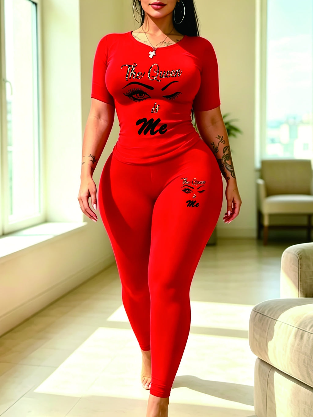 XDCH12L92 European and American Women's Casual Sporty Round Neck Loose Short Sleeve Long Pants Set with Unique Print Two-Piece Outfit - Red