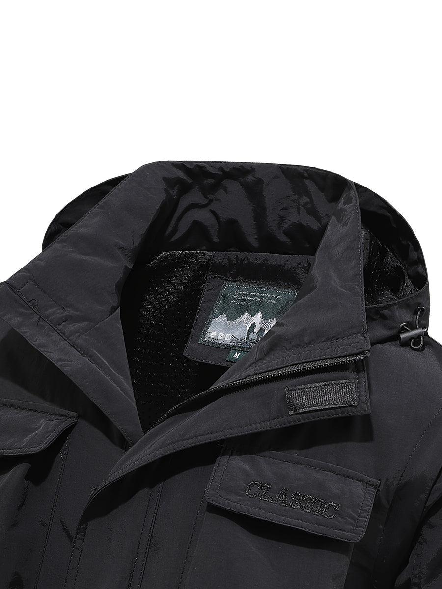 Men'S Detachable Sleeve Drawstring Hooded Multi-Pocket Utility Jacket, Reversible Wrinkle-Resistant Breathable Durable Woven Fabric, Fitted Short Length Spring Autumn City Commute Outdoor Hiking Style, Street Hiking Fishing Multi-Scene Wear - Black