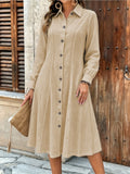 Women'S Elegant Solid Color Long Sleeve Dress, Fashionable Button-Detail Waist-Cinching Mid-Length Dress - Khaki
