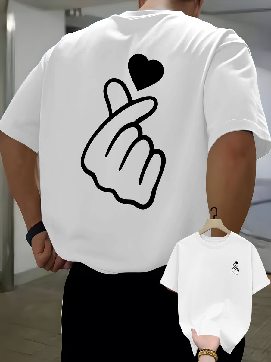 Men's Casual T-shirt with Heart-shaped Hand Gesture Print on Front and Back, Summer Round-neck Short-sleeve T-shirt, Fashionable and Versatile Trendy Short-sleeve Top for Men - White