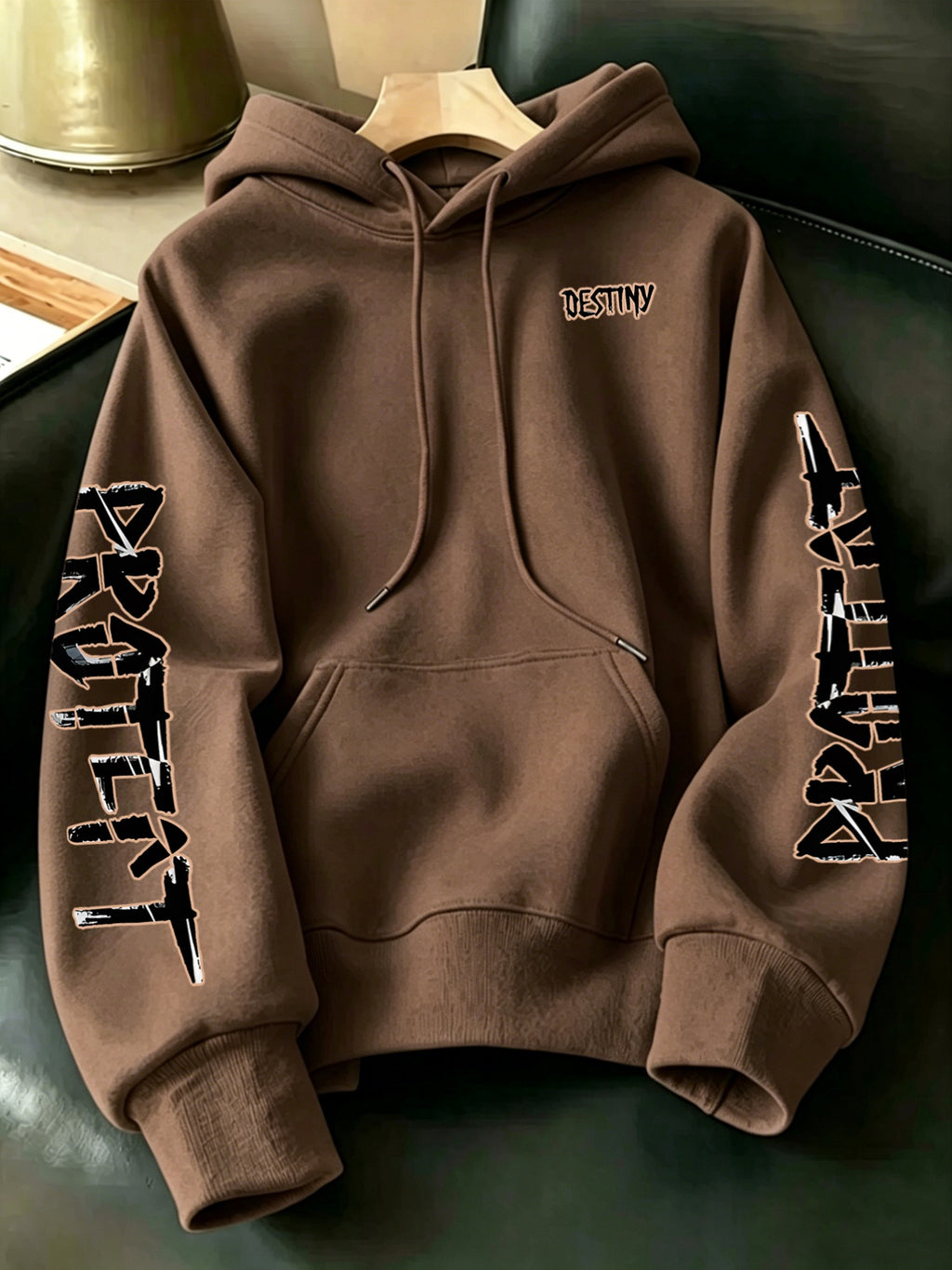 Limited-Time Special Offer: Single-pc Unisex Black Knitted Hooded Sweatshirt with Anime Boy Portrait Graffiti and English Print, Trendy Cool Anime-Style Loose Drop-Shoulder Hoodie for Spring/Autumn, Casual Wear for Outings and Gatherings - Coffee Color