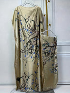 Tree Print Crew Neck Kaftan Dress, Elegant Batwing Sleeve Loose Fit Maxi Dress with A Hijab, Women's Clothing - Khaki