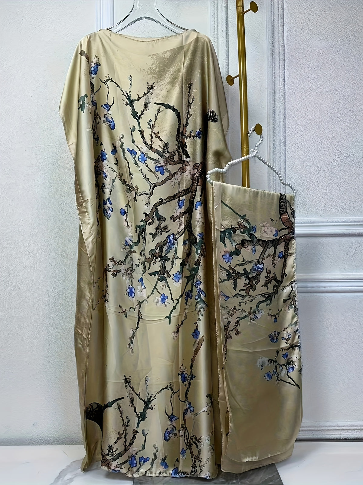 Tree Print Crew Neck Kaftan Dress, Elegant Batwing Sleeve Loose Fit Maxi Dress with A Hijab, Women's Clothing - Khaki