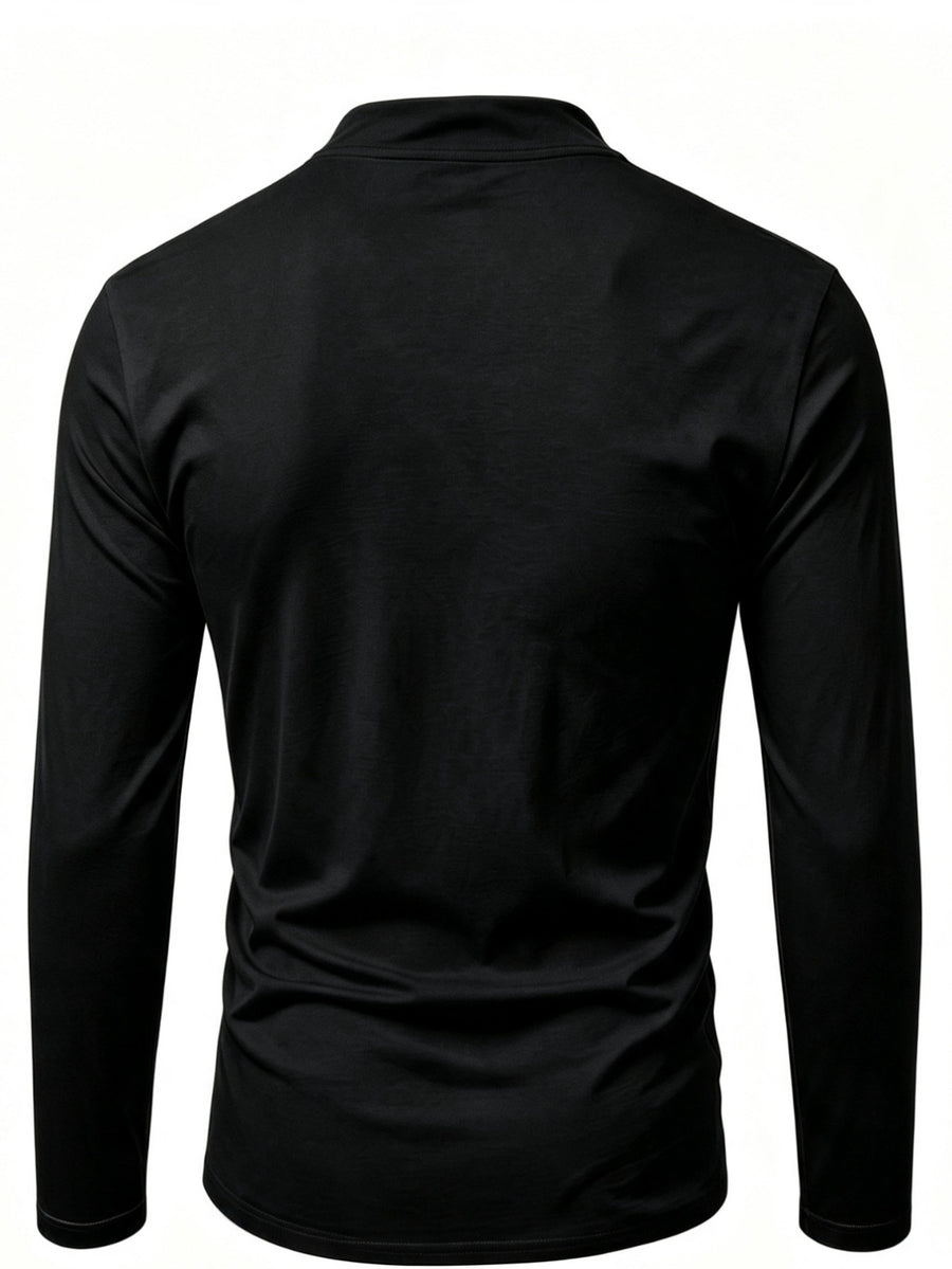 2026 New Men'S Casual Outdoor Tie-Neck Polo Shirt - K, Long Sleeve for All Seasons, Button-Less Design with Cross Drawstring, Stand Collar, Breathable And Comfortable, Quick-Dry - Black