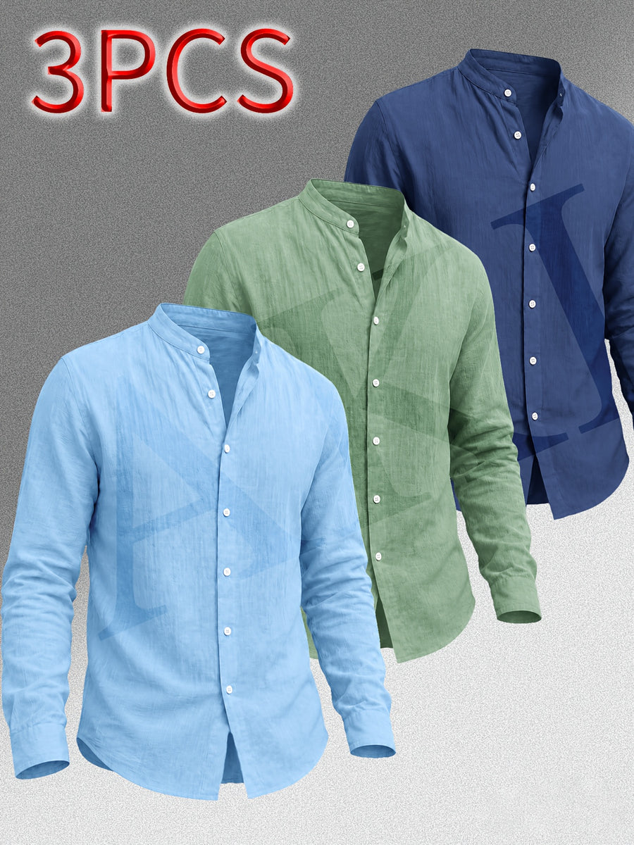 [Know And Give OBM] Men'S Clothing New Stand-Up Collar Solid Linen-Like Long Sleeve Shirt 3pcs Set, Minimalist Design, Spring Autumn Winter High-Quality Men'S Long Sleeve Button-Up Shirt - Suitable for Outdoor Leisure Vacation Formal Wear - Sky Blue+Green+Navy Blue