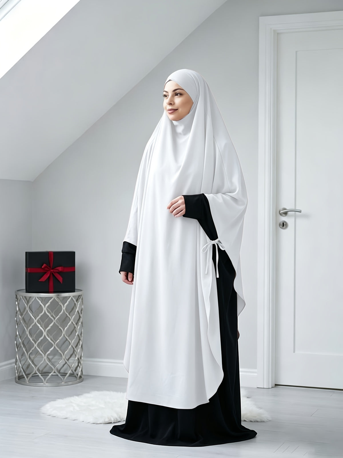 A Solid Color Nidaga Prayer Jilbab. The Fabric Is Skin-friendly and Breathable, Making It Suitable for Women to Wear and Pray Daily. The Robe Abaya Features a 1pc Design with a Khimar, Offering a Strong Drape and a Loose Fit, Ideal for Busy Daily - White