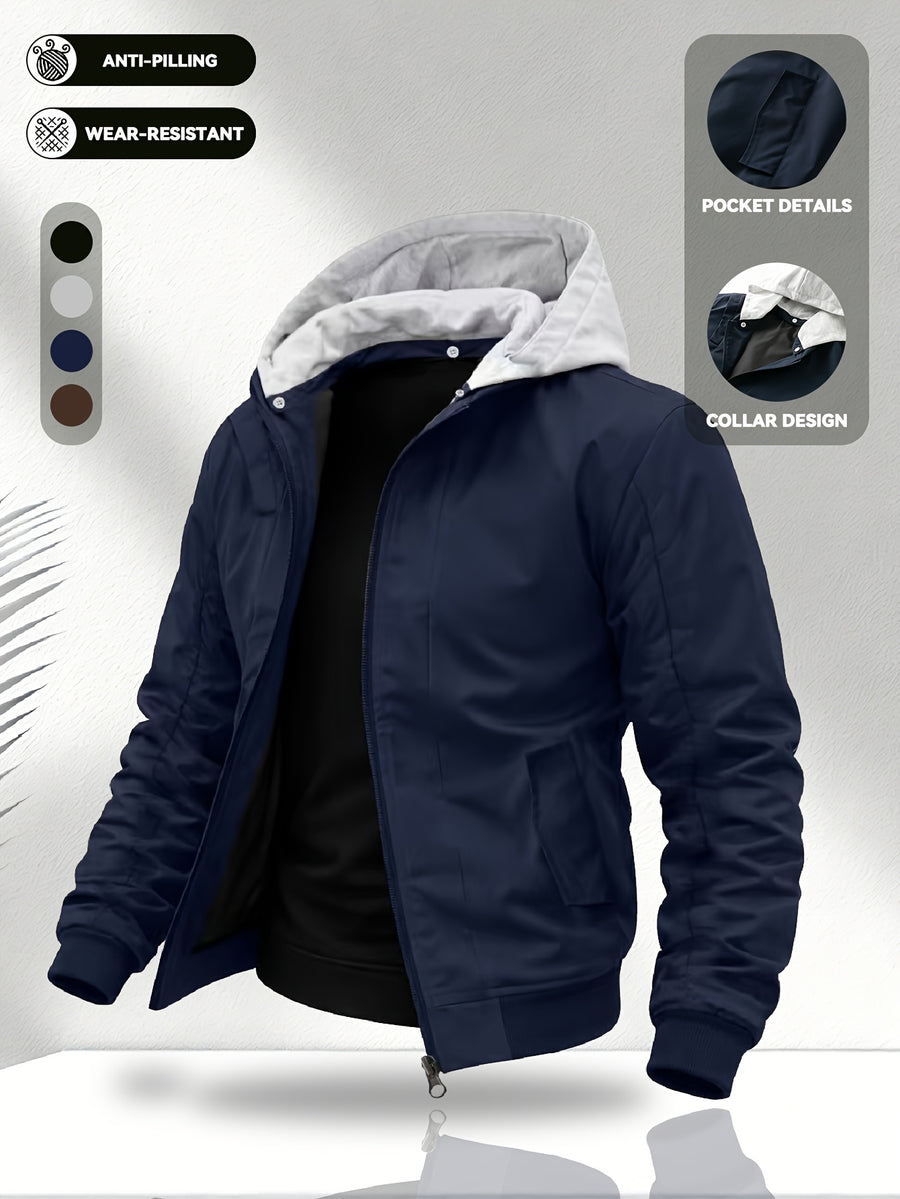 Men'S Hooded Jacket, Stretch Cuffs And Hem, American Retro Casual Commuter All-Match Style, Easy Design, Wear-Resistant Woven Fabric, Smooth Zipper Closure - 5661 - Dark Blue