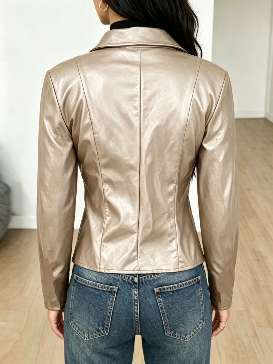 Elegant and Stylish PU Jacket for Women, Versatile for Fashionable Commuting and Suitable for All Occasions. Solid Color, Machine Washable. Women's Spring Jacket for Elegant Parties - Champagne