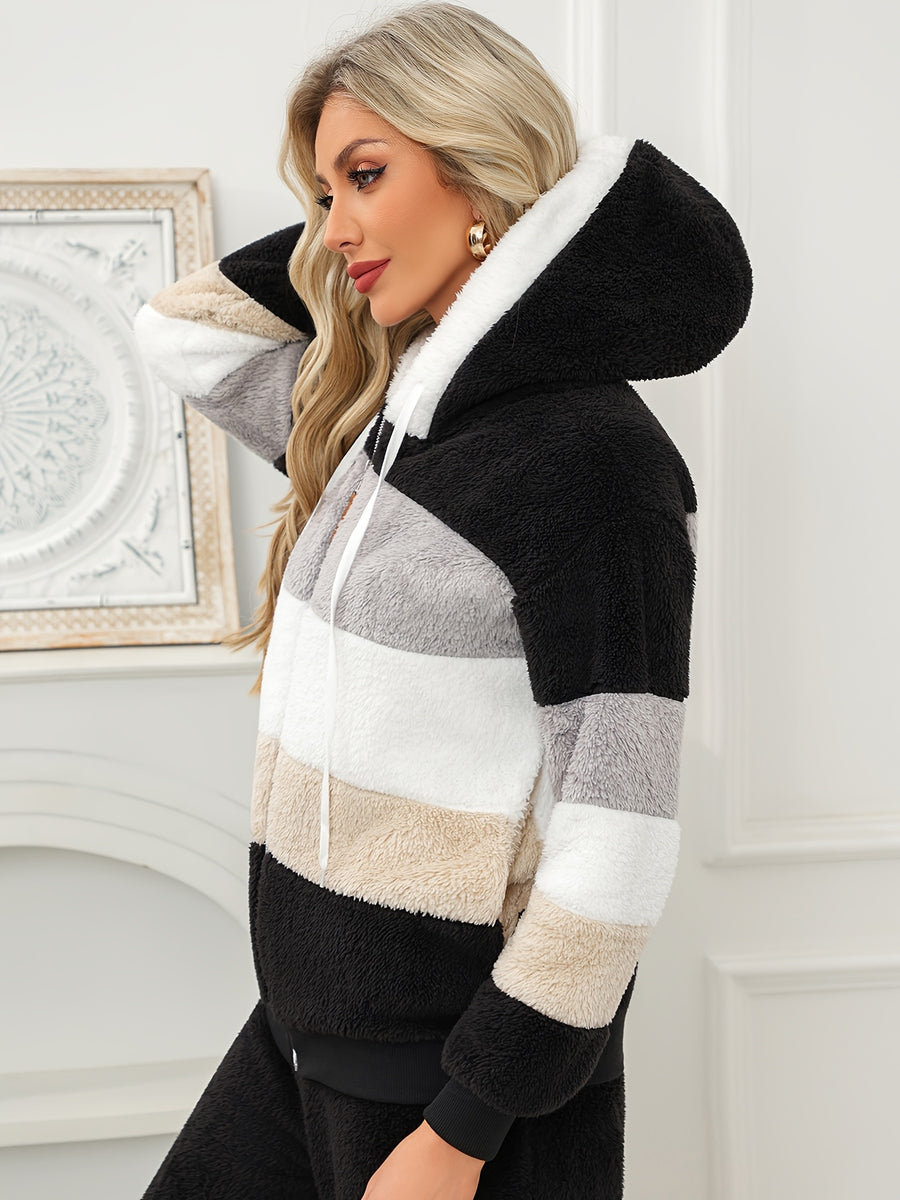 Women'S Warm Fleece Color Block Hooded Jacket Zip Up Chunky Plush Coat with Pockets Casual Loose Fit Winter Outerwear Soft Fluffy Jacket Multiple Colors Available - Black
