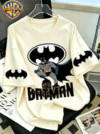 Official WB. Men's Short-sleeve T-shirt with Fun Cartoon Print Featuring the DC Batman Logo Character. Round-neck Top Suitable for Men's Casual Summer Daily Commutes, Home Wear, and Office Outfits - Apricot