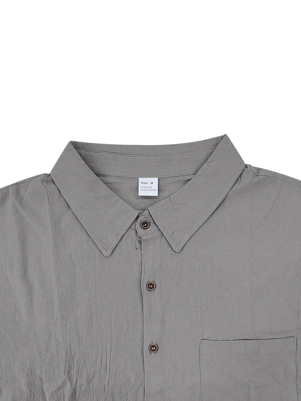 Men'S Linen Blend Long Sleeve Collared Button-Up Shirt, Casual Textured Wrinkle-Resistant Summer Top, Single Pocket Design with Adjustable Cuffs, Loose Fit Lightweight Breathable Beach Linen Shirt, V-Neck Relaxed Casual Shirt, Suitable for Vacation - Grey
