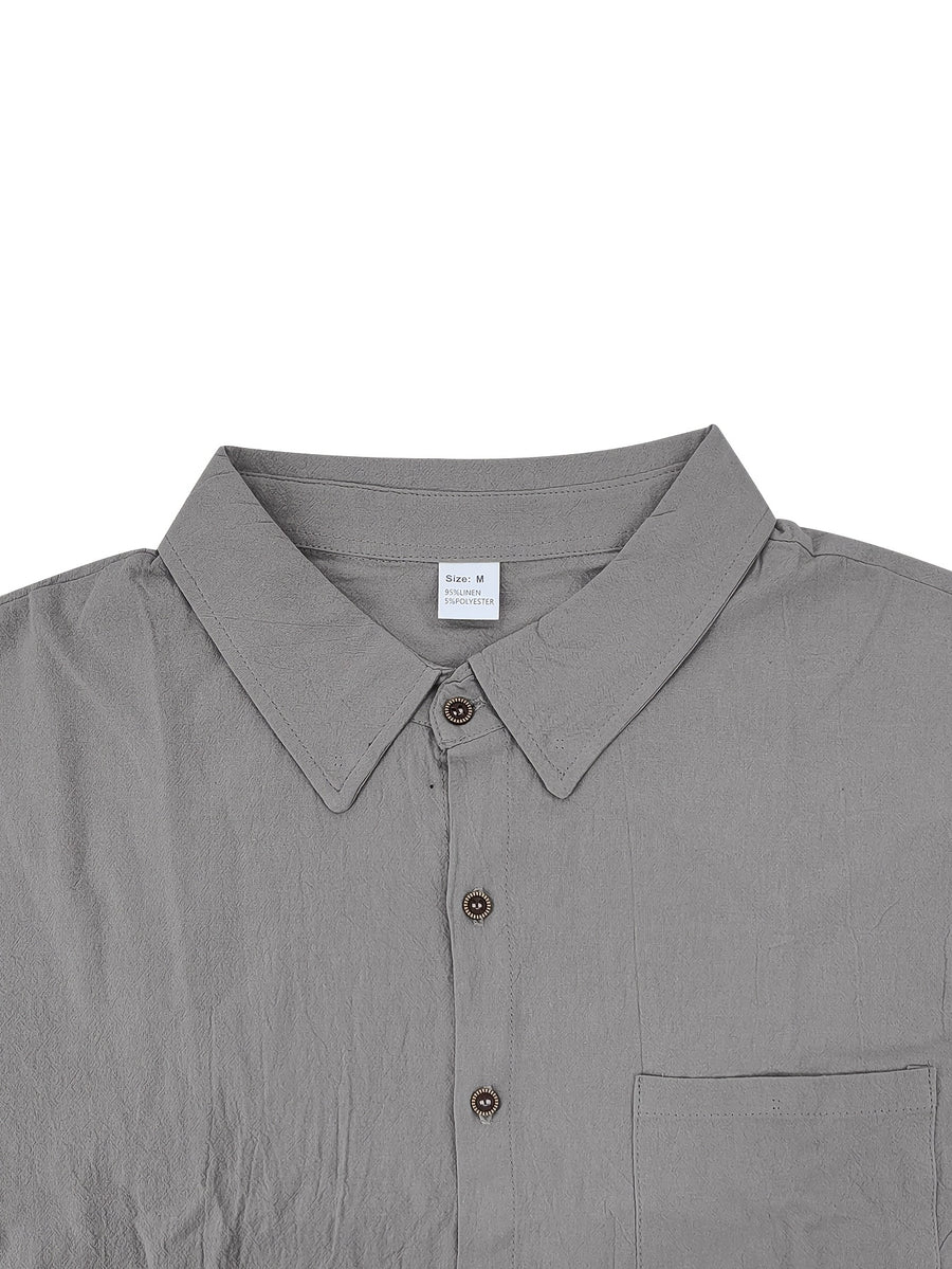 Men'S Linen Blend Long Sleeve Collared Button-Up Shirt, Casual Textured Wrinkle-Resistant Summer Top, Single Pocket Design with Adjustable Cuffs, Loose Fit Lightweight Breathable Beach Linen Shirt, V-Neck Relaxed Casual Shirt, Suitable for Vacation - Grey