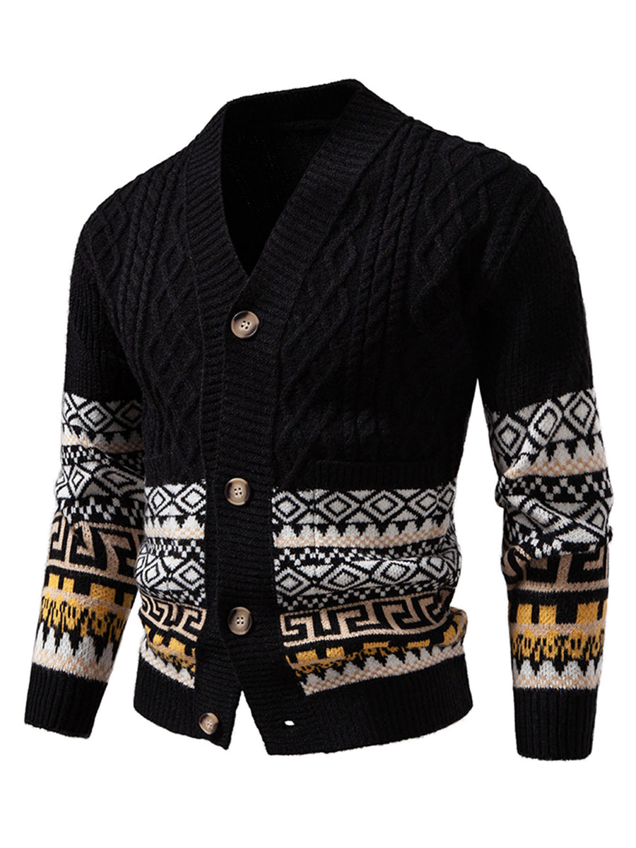 Winter New Striped Geometric Pattern Button Thickened Long Sleeve Sweater Men'S Warm Knit Cardigan X - Black