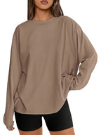 Spring and Autumn Women's Solid Color Curved Hem Long Sleeve T-Shirt, Loose Fit Drop Shoulder with Curved Hem to Cover Hips for a Effect - Camel
