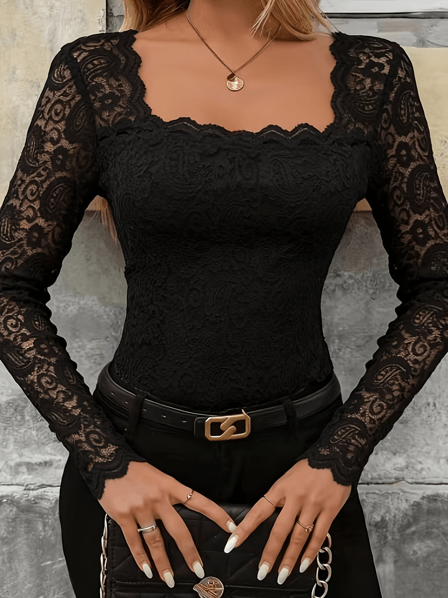Elegant Lace Trim Long Sleeve T-Shirt - Black