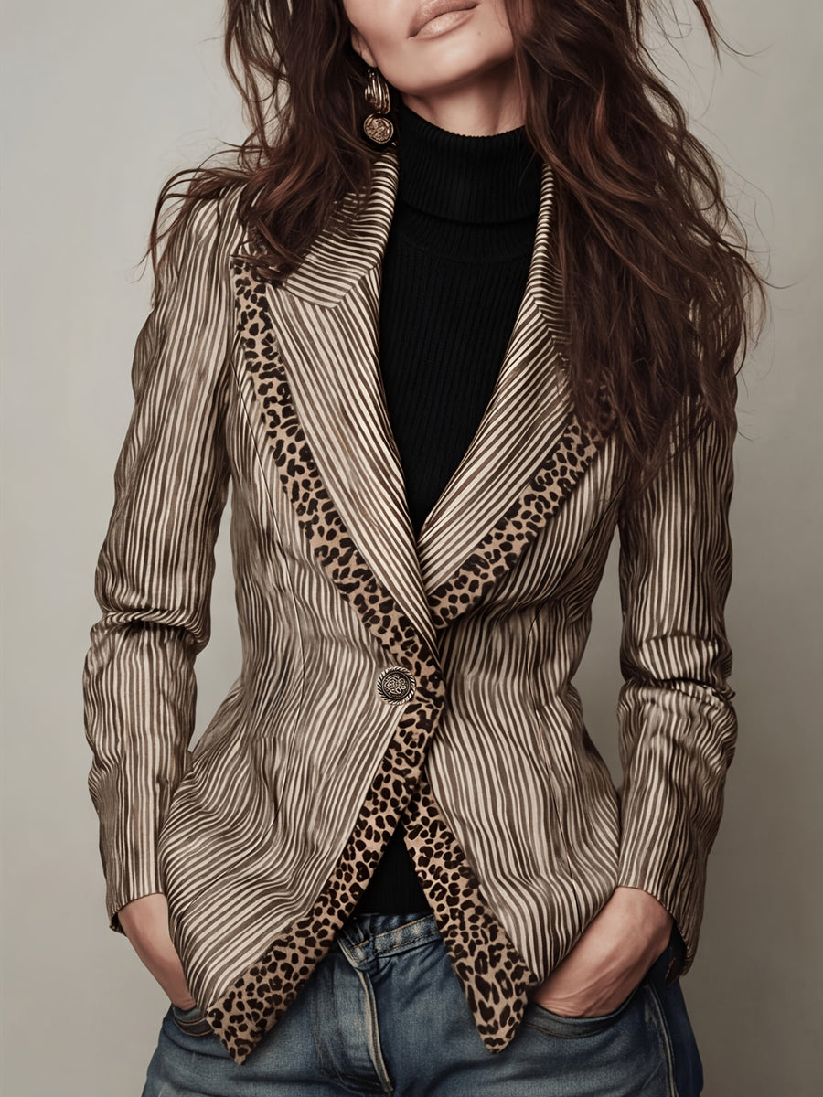 2026 Autumn New Style, Commuter Elegant Style, Striped Printed Leopard Pattern Lapel Patchwork Design Single Button with Lining, Long Sleeve Waist-Cinching Suit Jacket, Suitable for Casual Commute Outerwear - Milk Coffee
