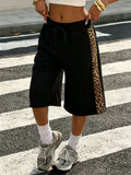 Women's Vintage Leopard Print Wide-Leg Bermuda Shorts with Elastic Waist & Side Panel Sweatpants - Loose Fit Track Pants Suitable for, Streetwear, Casual Outfits - Machine Washable - - Black