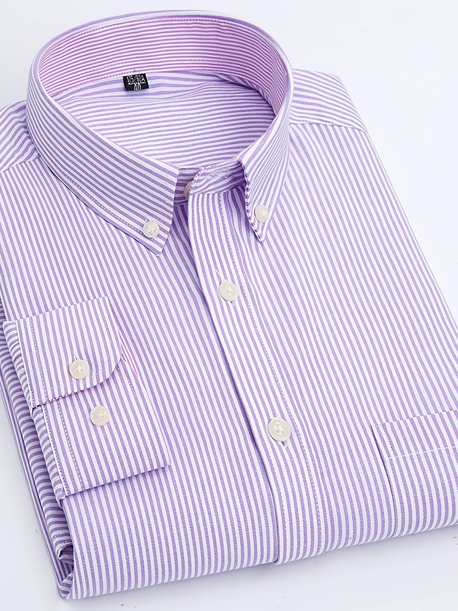 Classic Men's Striped Oxford Shirt with Chest Pocket, Button- Collar, Versatile Long-Sleeve Top for Daily Commute - Light Purple Stripes
